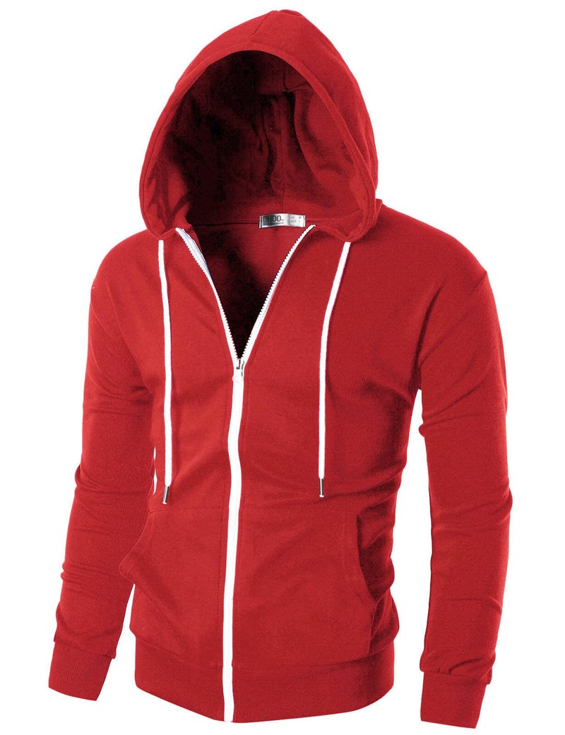 Ohoo Men's Zip Up Hoodie Lightweight Slim Fit Sweatshirt Full Zip Hooded Jacket / DCF002-RED-L - Image 1